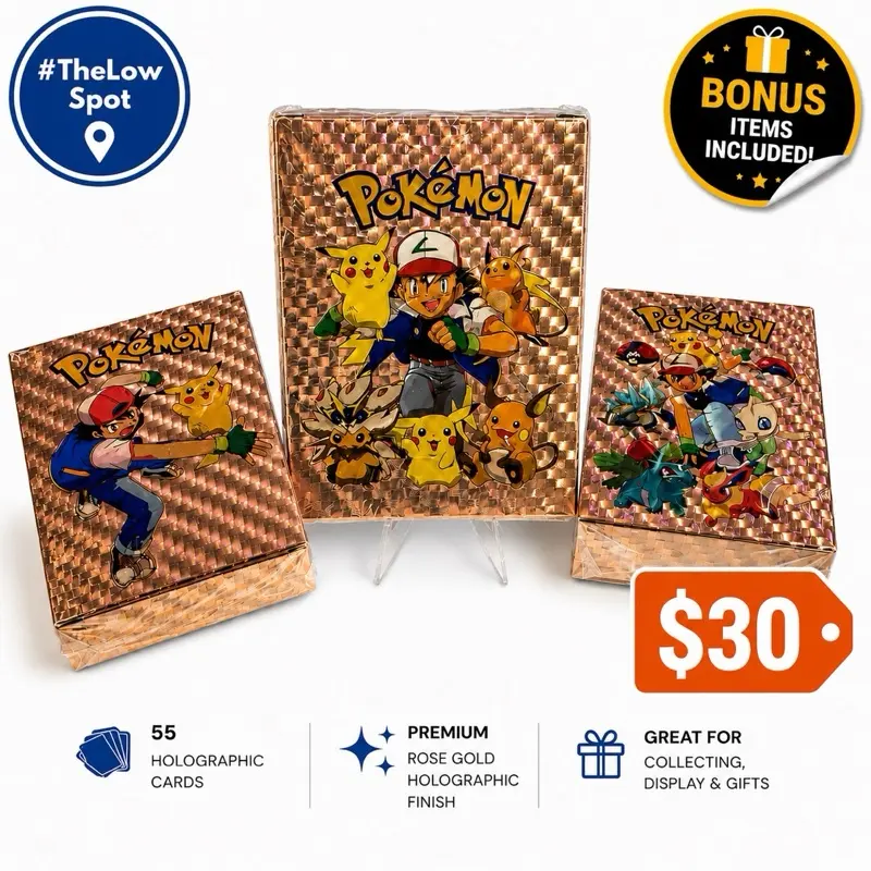 Pokémon Premium Rose Gold Metal Card Pack – 55 Holographic Cards + 3 Gold, 3 Black, 3 Silver & 1 Rainbow Bonus Cards
