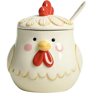 Retro Cartoon Rooster Ceramic Condiment Pot with Lid and Spoon, Salt Bowl Sugar Bowl
