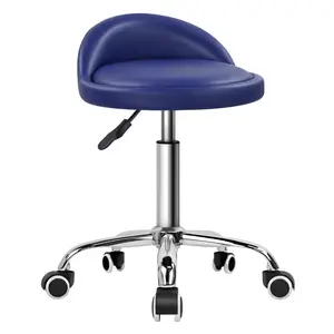 KKTONER PU Leather Round Rolling Stool with Back Rest Height Adjustable Swivel Drafting Work SPA Task Chair with Wheels (Blue)
