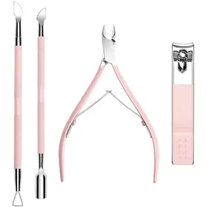 Cuticle Trimmer with Cuticle Pusher and Nail Clipper - 4 PCS Cuticle Cutter Nipper Remover Pedicure Manicure Tools, Professional Stainless Steel Dead Skin Clipper for Fingernails Toenails Pink Gel Handle Polish Plastic