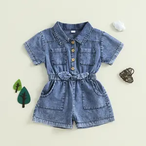 Afunbaby Toddler Baby Girl Clothes Denim Pocket Romper Short Sleeve Drawstring Jumpsuit Coveralls Summer Outfits