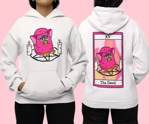 FURBY TAROT HOODIE - Devil Tarot Card Sweatshirt, Creepy Cute Custom Furby Apparel, Hot Pink Cursed Furby Hooded Sweatshirt, Vintage 90s Toy
