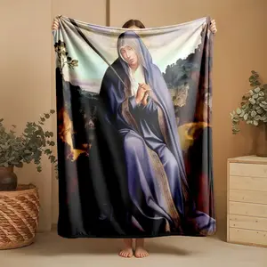 1 piece Mater Dolorosa religious oil painting themed flannel blanket - Flannel blanket with modern design, suitable for sofas and beds, all-season use, super soft and comfortable, digitally printed pattern, 100% polyester material, machine