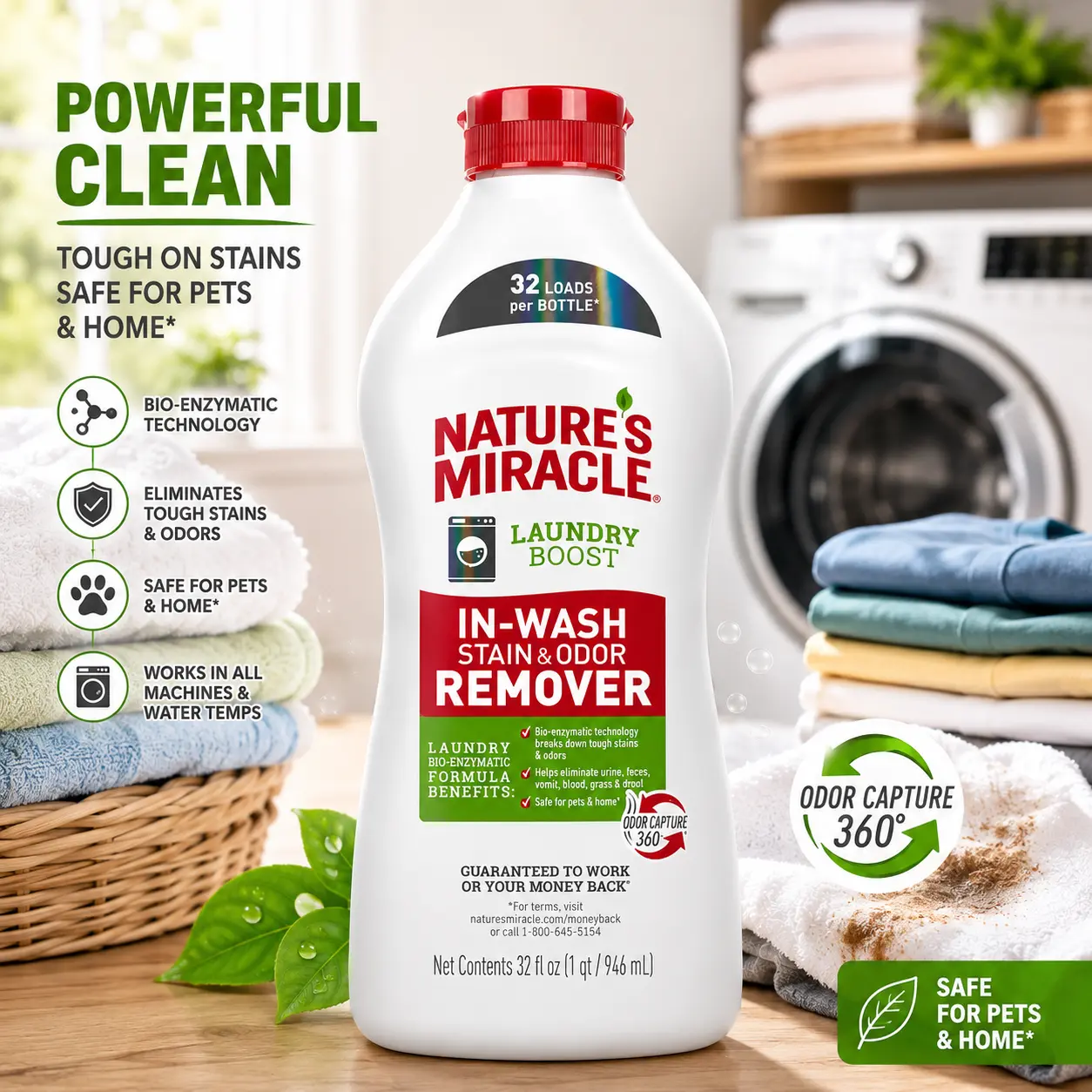 Nature's Miracle 32 oz In-Wash Laundry Boost Pet Stain & Odor Remover - Bio-Enzymatic Formula, Fabric-Gentle, Works With Laundry Detergent (For Dogs & Cats)