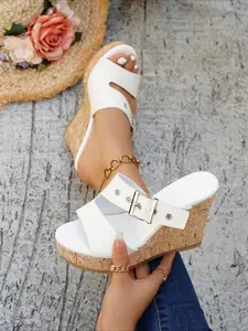 [Elegant | Platform Heels] Brown fabric-covered elegant Classy women’s platform heels | Ankle straps, breathable denim material, suitable for all seasons, distinctive rounded toe design.
