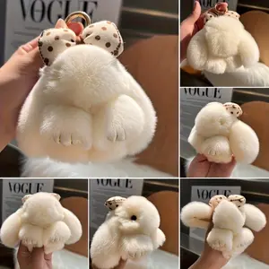 2pcs Adorable Rex Rabbit Plush Keychain with Polka Dot Bow - Soft Nylon Car Keychain & Bag Charm, Cute Instagram-Worthy Accessory for Keys, Backpacks, Gifts (Mixed Colors)