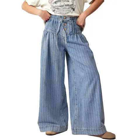 CHARTOU Women's Streetwear Loose Denim Pants - Women's Bottoms with Wide-Leg Flare, Drawstring Midi Waist, Ruffle Pleats, Button-Down, Minimalist Oversized Design for School, Work