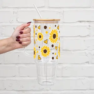 Sunflowers & Hearts 40oz Glass Tumbler with Handle, Lid & Plastic and Glass Straws