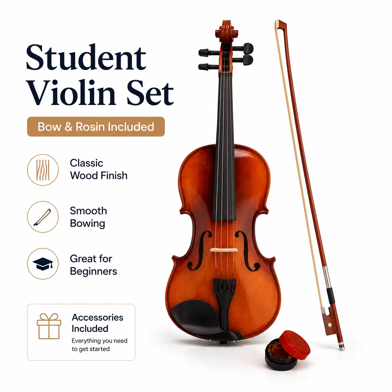 Full Size 4/4 Acoustic Violin Instrument Kit with Basswood Body, Natural Finish Case, Bow, Rosin for Violin Play