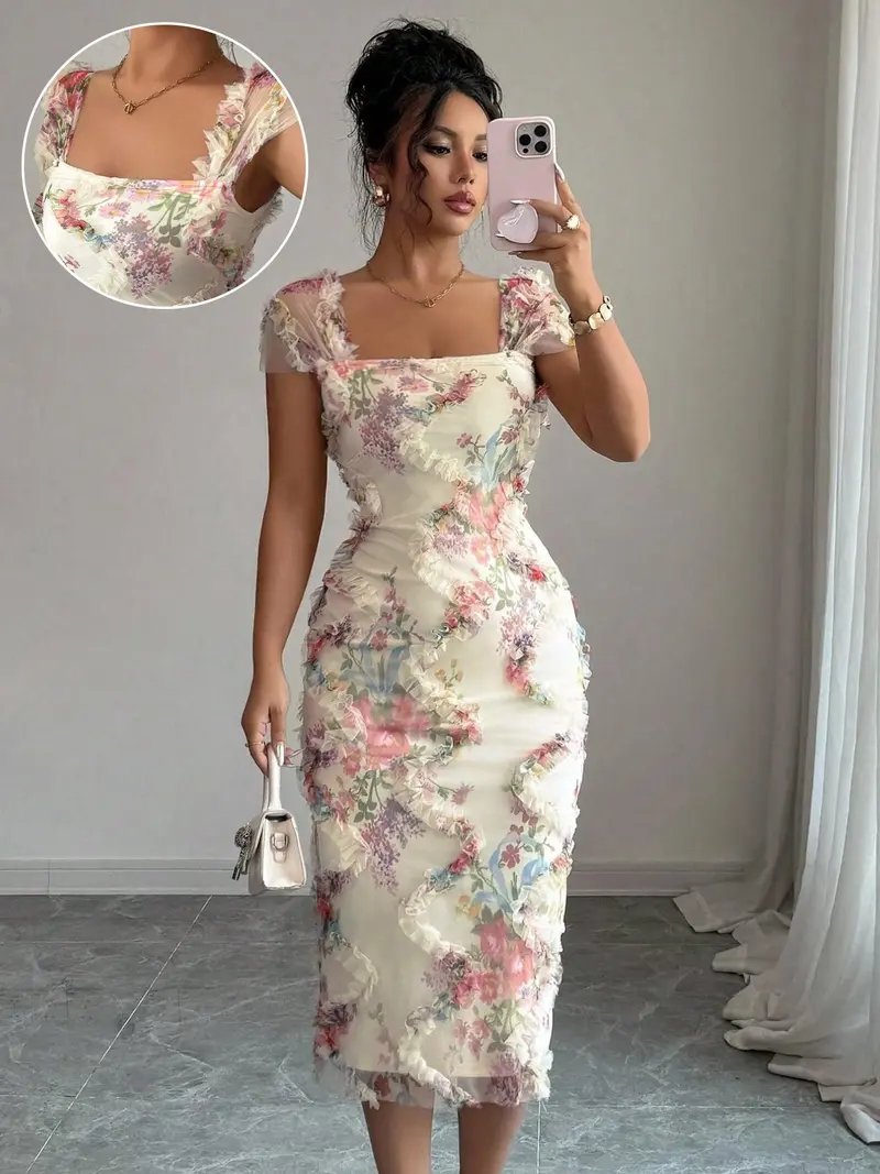 knee length dresses for ladies Zapaka Women Ivory Bodycon Midi Engagement Dress with Lace Bateau Neck Long Sleeve Bridal Dress, Ivory / US24W main image 0