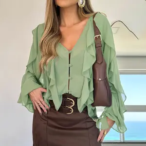 ChicMe 2026 Women's V Neck Shoulder Asymmetrical Ruffles Blouse Casual Button Front Long Sleeve Top