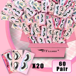 60 Pairs BTLLSSH 14/16/18mm False Eyelashes Russian StripLashes D Curl Wispy Natural Look CurlyFaux Mink Lashes Like Eyelash Extension Cat EyeLook Fake Tail Elongated Eyelashes Pack Cosmetic Makeup lash strips