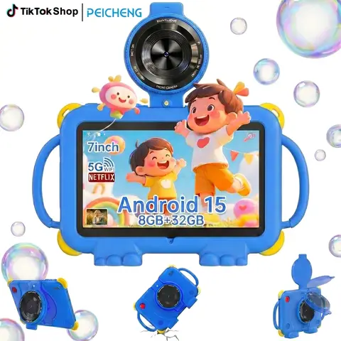 PEICHENG 7-in-1 Portable Digital Kids Tablet - Android 15, (3+5)RAM, 32GB (1TB Expandable)ROM, LCD Touchscreen, Durable Case, Dual Cameras, Audio, Colorful Buttons, Compact Design, Type-C, Montessori Apps, Halloween Gift for Kids