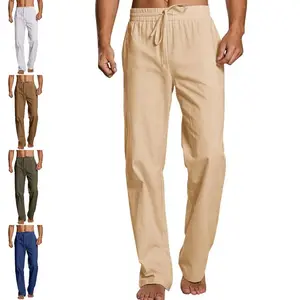 Men Linen Drawstring Pants Beach Golf Elastic Waist Spring Long Casual Loose Summer Yoga Cotton Jogger Trousers