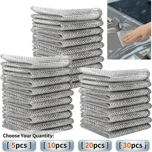 Reusable Wire Dishwashing Cloth, 5/10/20/30pcs Double Layer Wire Cleaning Pad, Kitchen Cleaning Tool for Wet and Dry Dish, Sponges, Scrubber Pad, Household Cleaning Tool, Kitchen Cleaning Supplies