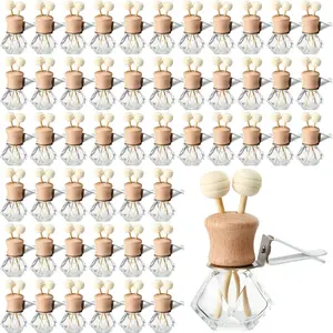 Zubebe 60 Pack 8 ml Diamond Essential Oil Diffuser Bottle Bulk Car Air Freshener Vent Clip Auto Perfume Vent Diffuser for Aromatherapy Fragrance Ornament Decor, Glass Bottle with Wooden Caps Stick