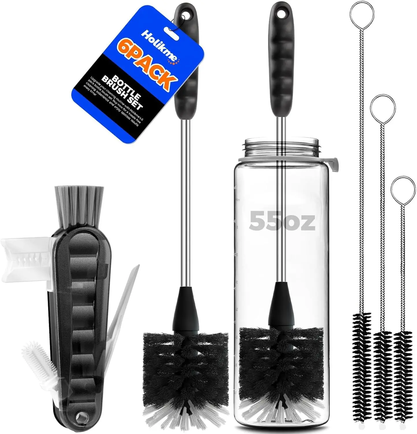 6 Pack Bottle Brush Set, 14" Long Handle Stainless Steel Bottle Cleaner Brush, 3 Straw Brushes, 4-in-1 Bottle Cleaning Brush for Water Bottle, Antistatic Lab Brushes Straws, Black