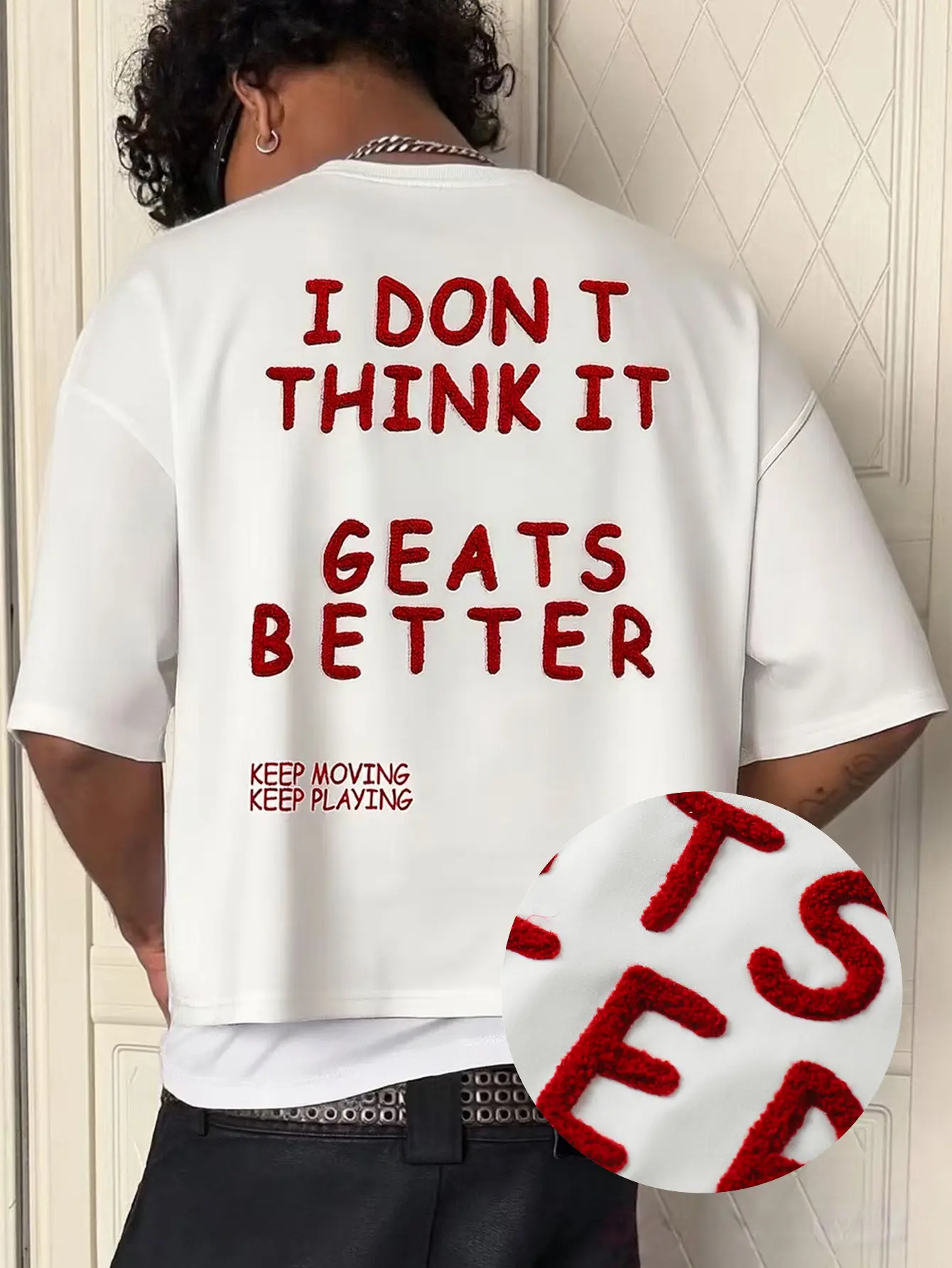 Men's Oversized Heavyweight Cotton Blend Streetwear T-Shirt - Refined Ribbed Crew Neck, Short Sleeve, Drop Shoulder, 3D Towel Embroidery Slogan, Retro Casual, Breathable, Color Fading Resistant, Menswear Athletic Top, Back Slogan, 3D Embroidered Slogan