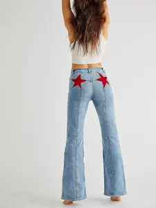 Women's Light Blue High-Waist Jeans with Red Five-Pointed Star Embellishments on the Hips, Fashionable Casual Flared Denim Pants, Medium Stretch Fabric, Suitable for All Seasons and Various Occasions