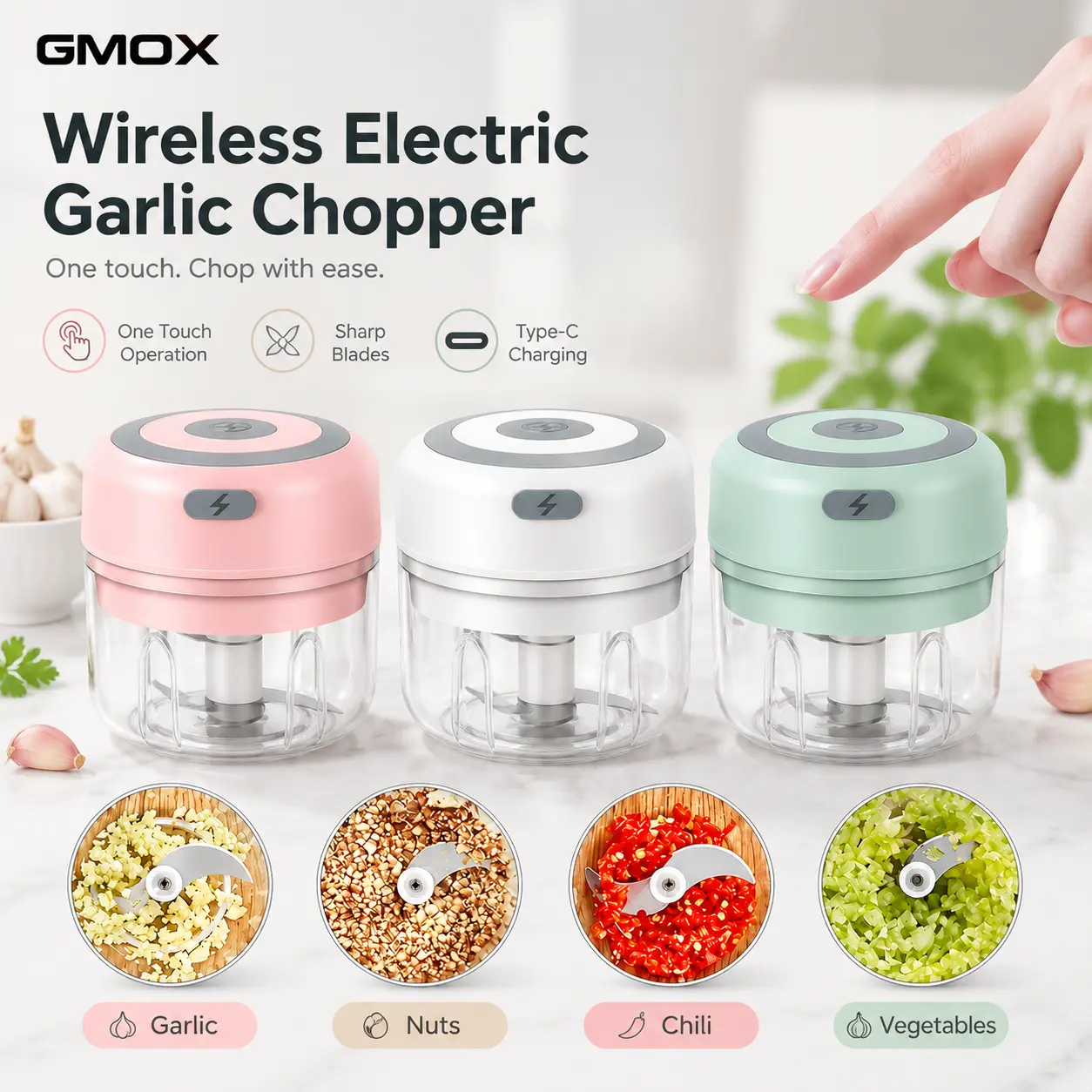 2pc USB Rechargeable Cordless Mini Food Processor 250ML One Touch Electric Chopper Stainless Steel Garlic Onion Mincer Portable Kitchen Gadget