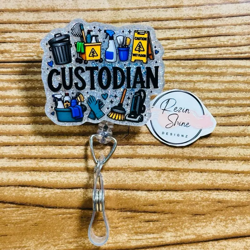 Custodian Bold Print Silver Glitter Badge Reel