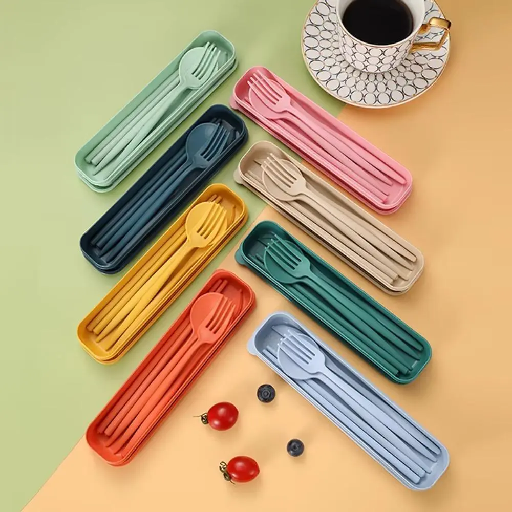 Eco-Friendly Wheat Straw Tableware Sets (2-Pack) with Compact Portable Travel Cases, Lightweight Reusable Plastic Cutlery for Camping, On-the-Go Meals