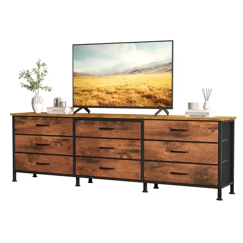 Sweetcrispy Sturdy Stable Wooden Television Stand - 9 Deep Drawers TV Console Cabinet, Compatible with 55/65/70-Inch TVs, Wide Long Storage Entertainment Center for Rustic Farmhouse Decor, Nursery & Bedroom Furniture with Clothes/DVD Drawers
