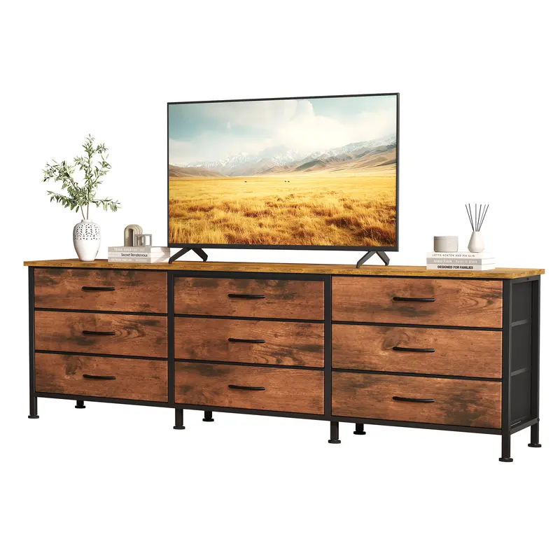 Sweetcrispy Sturdy Stable Wooden Television Stand - 9 Deep Drawers TV Console Cabinet, Compatible with 55/65/70-Inch TVs, Wide Long Storage Entertainment Center for Rustic Farmhouse Decor, Nursery & Bedroom Furniture with Clothes/DVD Drawers