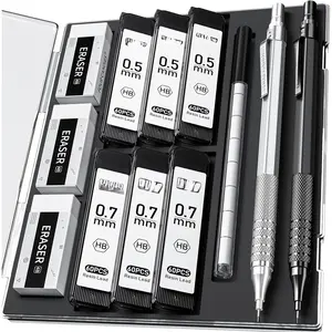 2 count Metal Mechanical Pencils Set with Case, 0.5mm & 0.7 mm Artist Pencil with 6 Tubes (360PCS) HB Lead Refills, 3 Erasers,9 Eraser Refills For Writing Drafting, Drawing, Black&