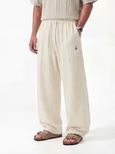 CAONAT Men's Linen-Rayon Blend Soft Fabric Menswear Pants - Plain, Loose-Fitting, Lightweight Summer Trousers with Adjustable Drawstring Elastic Waist, Breathable Wide-Leg Cut Casual Pants for Beach Wear,summervibes outdoorfun