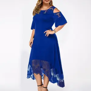 Womens Plus Size Lace Cold Shoulder Casual Long Plain Evening Party Maxi Dress X-5X