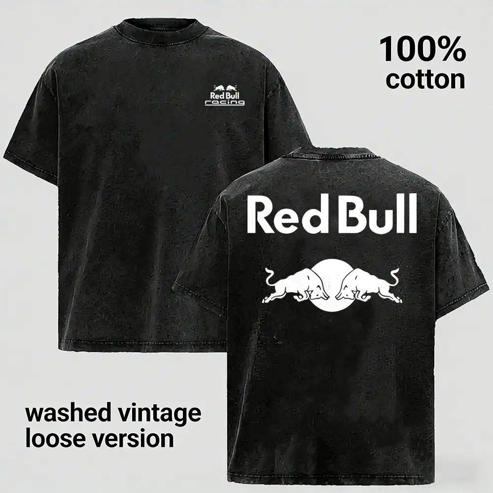 Washed Vintage Graphic Tee Men 100% Cotton Oversized Retro Racing Team Printed T-Shirt Streetwear