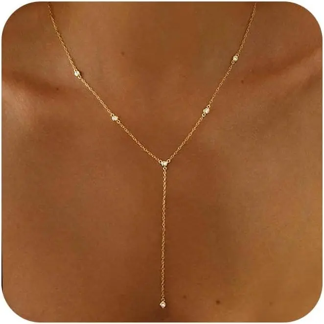 valentines gifts Lariat Necklace for Women,Dainty Gold Long Necklaces 14k Gold Plated CZ Lips Bead Y-Shapped Drop Chain Necklace Simple Gold Layered Necklaces for Women Trendy Gold Jewelry Gifts for Women