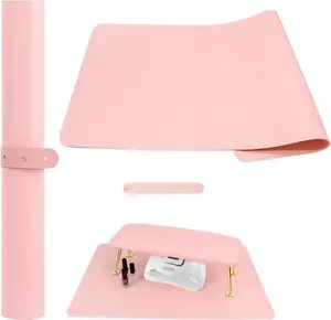 Foldable Nail Mat for Table, Waterproof PU Leather Manicure Pad, Non-Slip Desk Protector for Nail Tech & Salon, Portable Easy Clean Large 60x30cm Nail Art Station Mat (Pink)