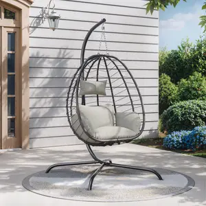 Egg Swing Chair Outdoor Indoor Wicker Rattan Hanging Chair with Stand 485lbs Capacity w/Strong Frame & Cushions for Patio Balcony Bedroom