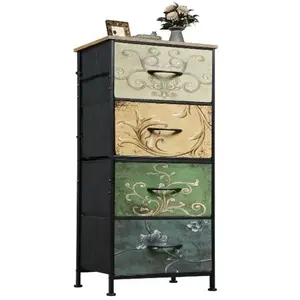 Dresser with 4 Drawers, Storage Tower, Organizer Unit, Fabric Dresser for Bedroom, Hallway, Entryway, Closets, Vintage Furniture with Sturdy Steel Frame, Wood Top, Pull Handle, Floral Painted