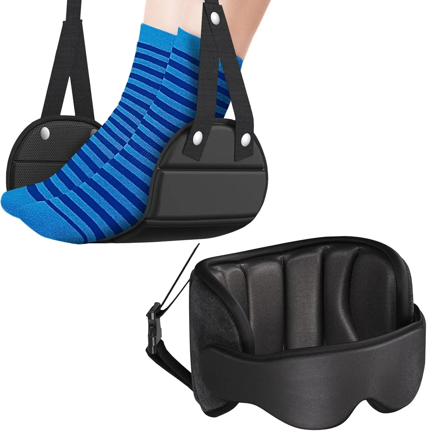 Travel Pillow with Seat Strap Combo Airplane Foot Hammock Set| 360 Head Airplane Pillows with 3D Eye Mask for Travel, Long Flights, Travel Foot Rest Leg Relief