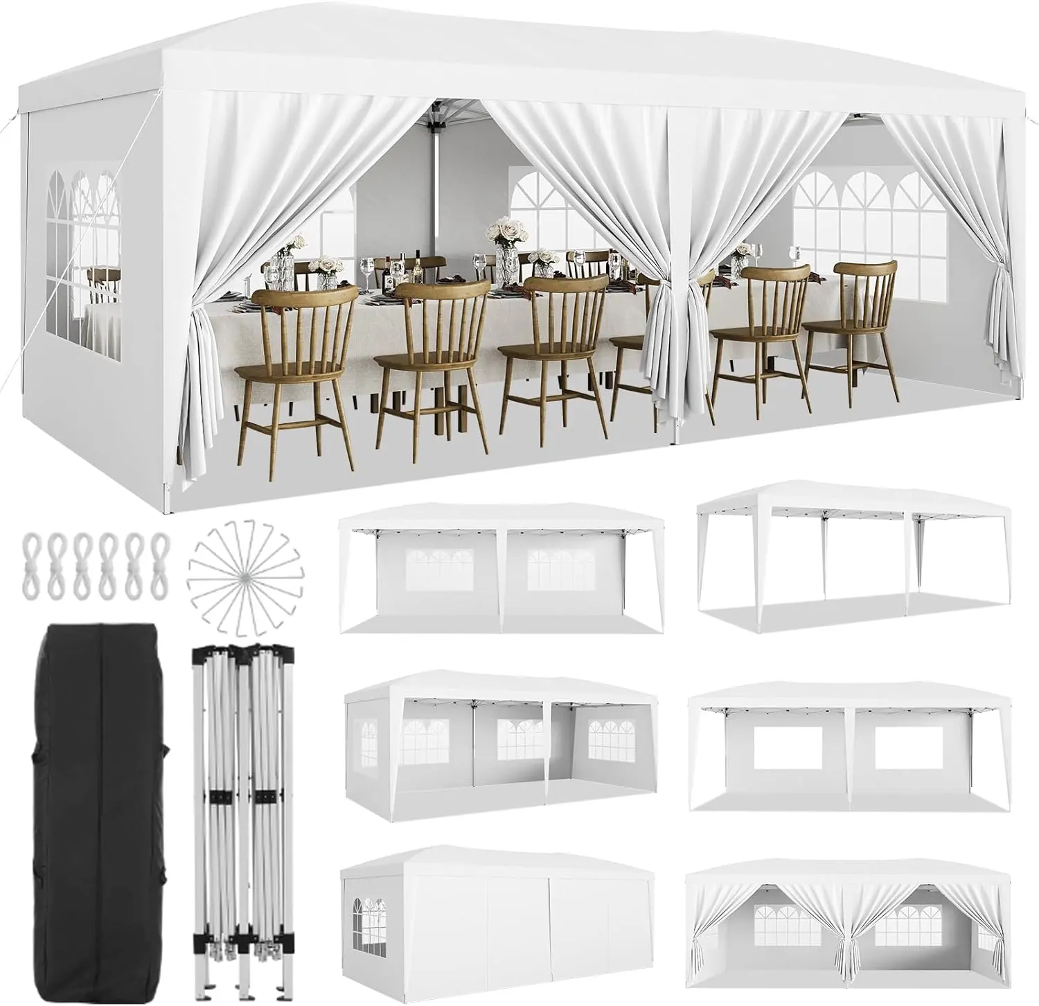 Heavy Duty 10x20FT Pop Up Canopy Tent - Commercial Outdoor Gazebo with 6 Removable Sidewalls, Waterproof, 3 Adjustable Heights - Quick Setup, 18 Stakes & 6 Ropes - White Party Tent for Events, Patio, Backyard