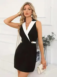 Cross-Border Summer New Block V-Neck Suit Bodycon Waist Cinch Formal Professional Sleeveless Short Dress B8994