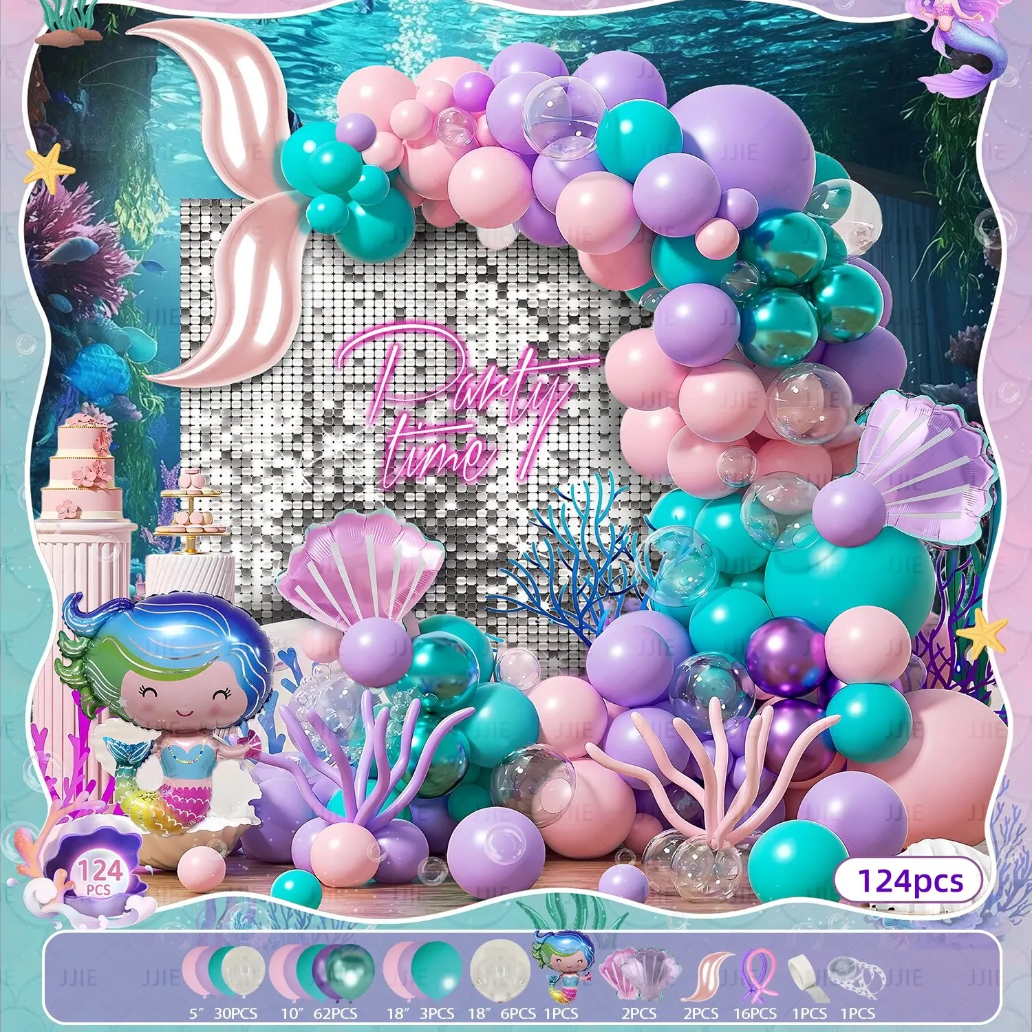 124pcs Mermaid Theme Balloon Chain Set, Ocean Mermaid Shell Fish Tail Latex Balloons, DIY Decoration Props for Birthday Parties, Balloon Decorations, Balloon Party Supplies