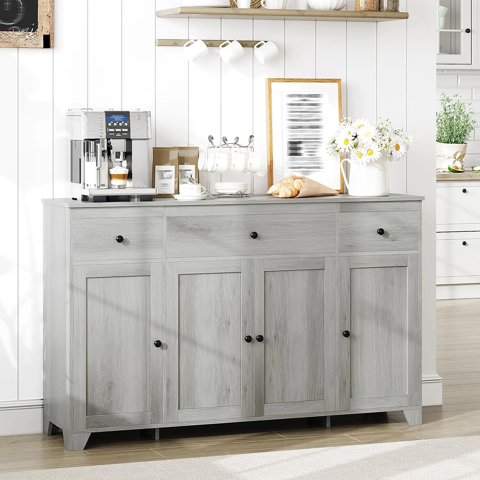 Garvee 55" Buffet Cabinet with Drawers and Shelves, Large Sideboard Storage Cabinet with Doors, Minimalist Grey Wood Coffee Bar Station and Kitchen Table for Kitchen and Dining Room