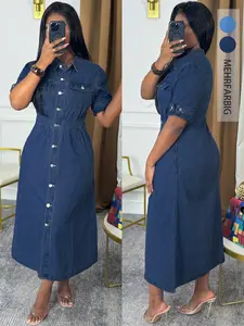 Chic Denim Shirt Dress - Button Down Midi with Chest Pockets & Short Cuffed Sleeves | Effortless Casual Jean Dress Womenswear