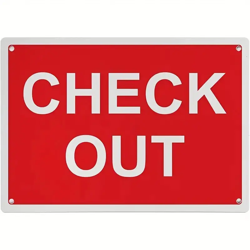 2D Flat, 1pc 12X8Inch 2D Flat Red & White Tin Check Out Sign - Heavy-Duty Suitable for Workplace Safety Label, UV Resistant Indoor/Outdoor Decoration with Pre-Drilled Holes, Vertical Wall-Mountable Store Sign for Office, Library, Construction Site