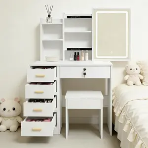 All-in-One Vanity Desk with Stool & LED Mirror | Organized Storage for Small Bedrooms