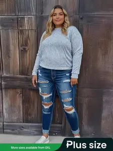 Stylish Plus Size Distressed Ripped Jeans for Women - Casual Denim for All Seasons, Perfect for Outdoor Wear and Street Style