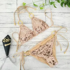 "Golden Sequin Bandage Bikini Set - Sexy Push-Up Padded Swimsuit for Women"