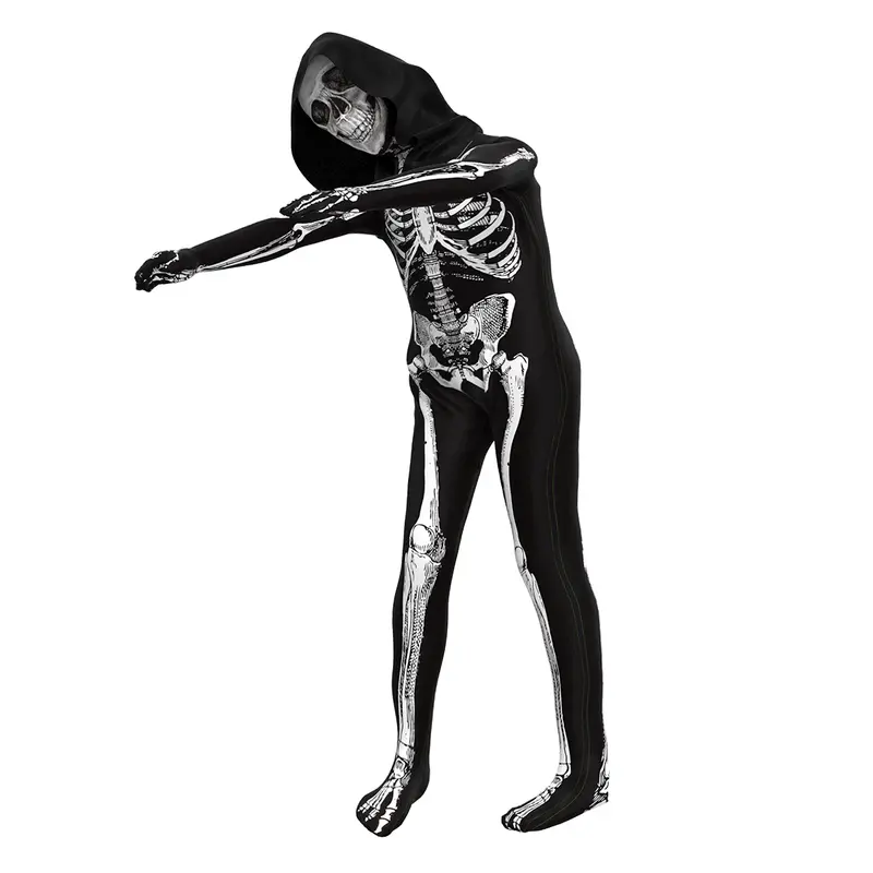 AYJKSEVEN Unisex Fit Long Sleeve Skeleton Skull Halloween Jumpsuit - Double-Stitched Black & White Creepy Mens Special Occasion Cosplay Outfit, Skeleton Mask Option