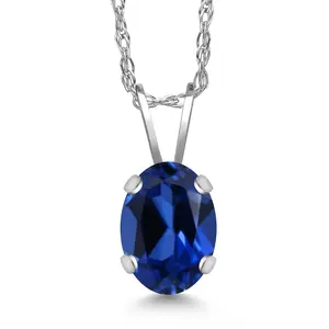 1.00 Ct Oval Blue Created Sapphire 14K White Gold Pendant with Chain