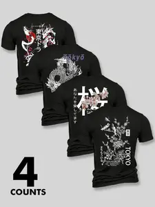 Men's Fashion Japanese Aesthetic Graphic Round Neck Casual Short Sleeve T-Shirt, Summer Comfortable Outdoor Tee, 4 Pack Set, Perfect for Boyfriend Daily Wear, Menswear Streetwear, Cute Graphic Tee