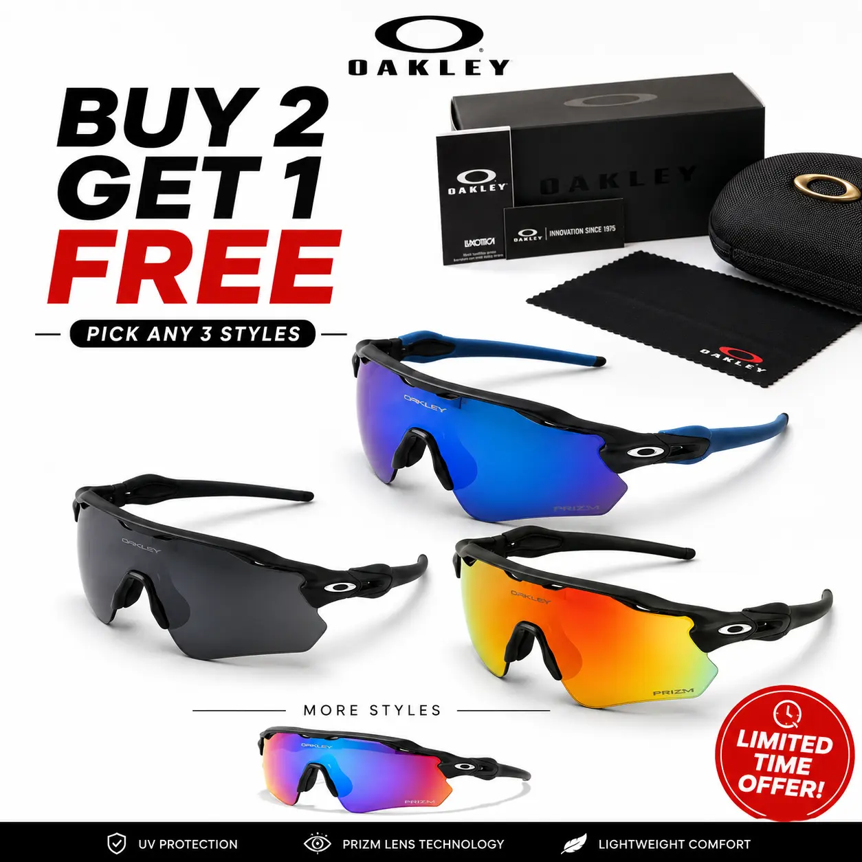 [ Buy 2 Get 1 Free ] Oakley Sport Wraparound Sunglasses, UV400 Protective Outdoor Eyewear for Men Women, Lightweight Cycling Running Driving and Travel Sun Glasses